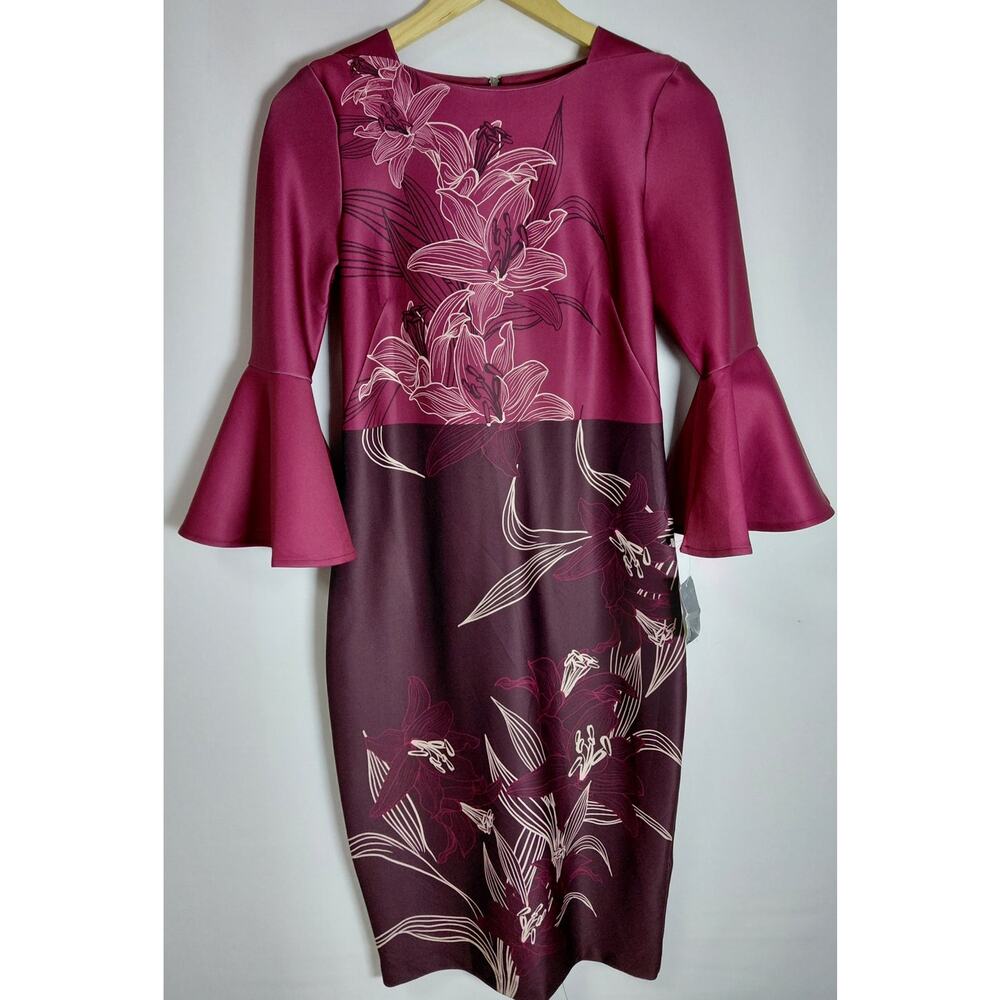 NWT Gabby Skye 19125M Floral Bell Sleeve Dress Plum 3/4 Sleeve Crew Neck Size 4